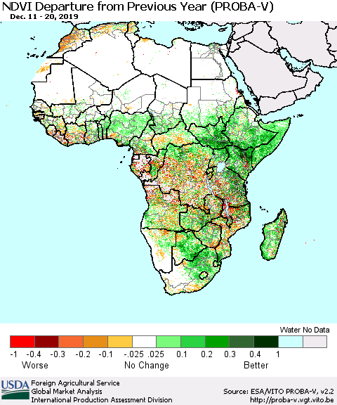 Africa NDVI Departure from Previous Year (PROBA-V) Thematic Map For 12/11/2019 - 12/20/2019