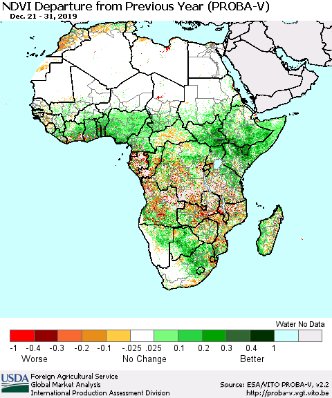 Africa NDVI Departure from Previous Year (PROBA-V) Thematic Map For 12/21/2019 - 12/31/2019