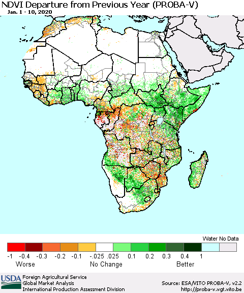 Africa NDVI Departure from Previous Year (PROBA-V) Thematic Map For 1/1/2020 - 1/10/2020