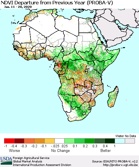 Africa NDVI Departure from Previous Year (PROBA-V) Thematic Map For 1/11/2020 - 1/20/2020