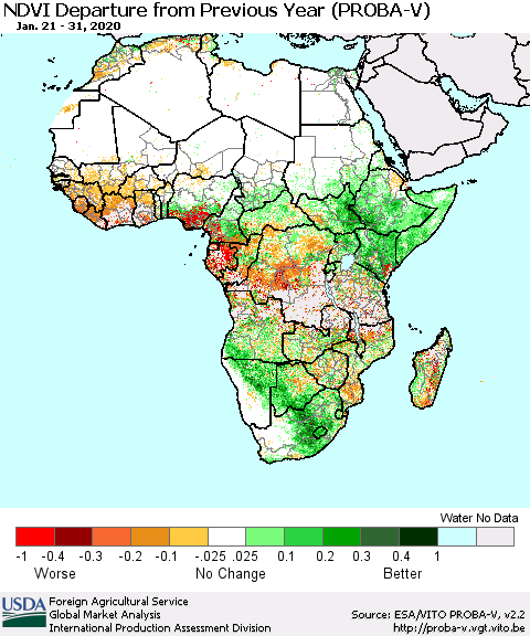 Africa NDVI Departure from Previous Year (PROBA-V) Thematic Map For 1/21/2020 - 1/31/2020