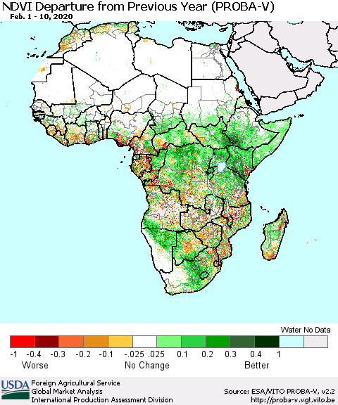 Africa NDVI Departure from Previous Year (PROBA-V) Thematic Map For 2/1/2020 - 2/10/2020