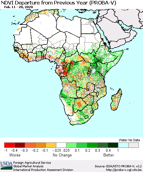 Africa NDVI Departure from Previous Year (PROBA-V) Thematic Map For 2/11/2020 - 2/20/2020