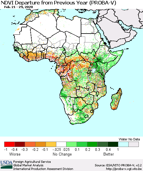 Africa NDVI Departure from Previous Year (PROBA-V) Thematic Map For 2/21/2020 - 2/29/2020