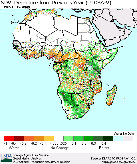 Africa NDVI Departure from Previous Year (PROBA-V) Thematic Map For 3/1/2020 - 3/10/2020