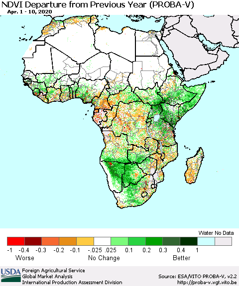 Africa NDVI Departure from Previous Year (PROBA-V) Thematic Map For 4/1/2020 - 4/10/2020