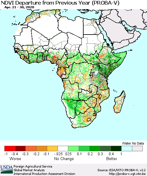 Africa NDVI Departure from Previous Year (PROBA-V) Thematic Map For 4/21/2020 - 4/30/2020