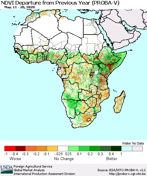 Africa NDVI Departure from Previous Year (PROBA-V) Thematic Map For 5/11/2020 - 5/20/2020