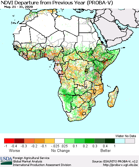 Africa NDVI Departure from Previous Year (PROBA-V) Thematic Map For 5/21/2020 - 5/31/2020