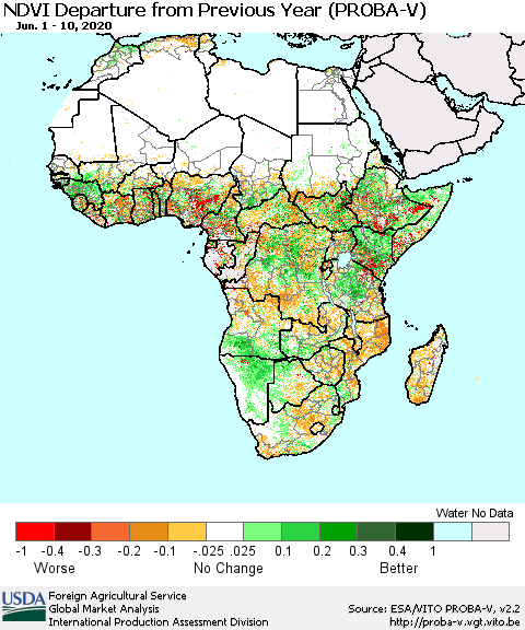 Africa NDVI Departure from Previous Year (PROBA-V) Thematic Map For 6/1/2020 - 6/10/2020