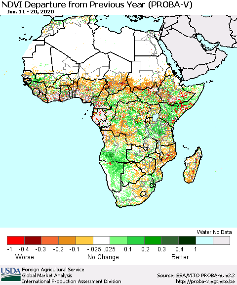 Africa NDVI Departure from Previous Year (PROBA-V) Thematic Map For 6/11/2020 - 6/20/2020