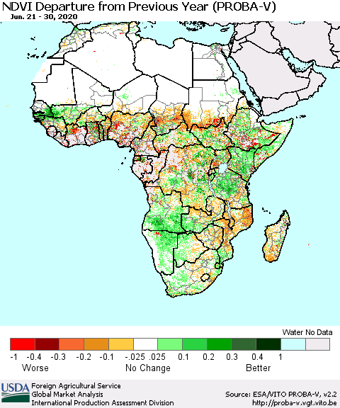 Africa NDVI Departure from Previous Year (PROBA-V) Thematic Map For 6/21/2020 - 6/30/2020