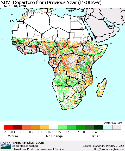 Africa NDVI Departure from Previous Year (PROBA-V) Thematic Map For 7/1/2020 - 7/10/2020