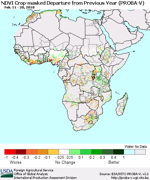 Africa NDVI Crop-masked Departure from Previous Year (PROBA-V) Thematic Map For 2/11/2018 - 2/20/2018