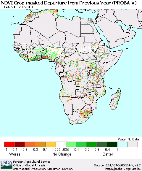Africa NDVI Crop-masked Departure from Previous Year (PROBA-V) Thematic Map For 2/21/2018 - 2/28/2018