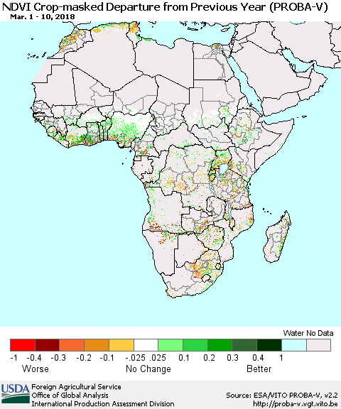 Africa NDVI Crop-masked Departure from Previous Year (PROBA-V) Thematic Map For 3/1/2018 - 3/10/2018