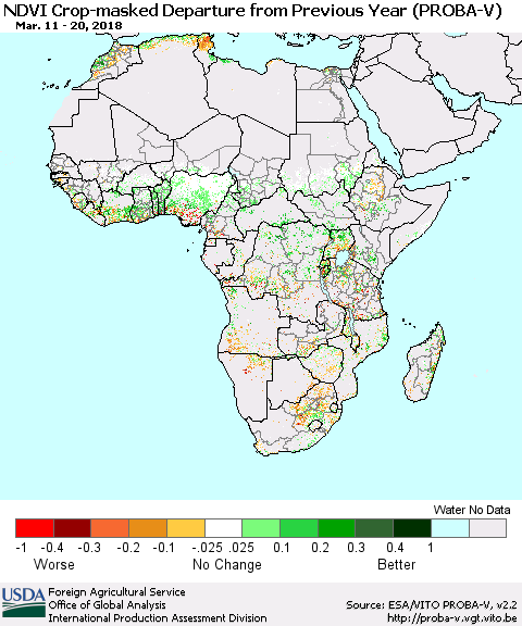 Africa NDVI Crop-masked Departure from Previous Year (PROBA-V) Thematic Map For 3/11/2018 - 3/20/2018