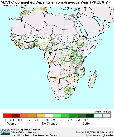 Africa NDVI Crop-masked Departure from Previous Year (PROBA-V) Thematic Map For 3/21/2018 - 3/31/2018