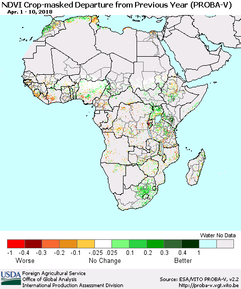 Africa NDVI Crop-masked Departure from Previous Year (PROBA-V) Thematic Map For 4/1/2018 - 4/10/2018