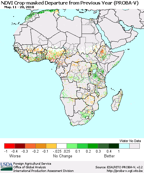 Africa NDVI Crop-masked Departure from Previous Year (PROBA-V) Thematic Map For 5/11/2018 - 5/20/2018