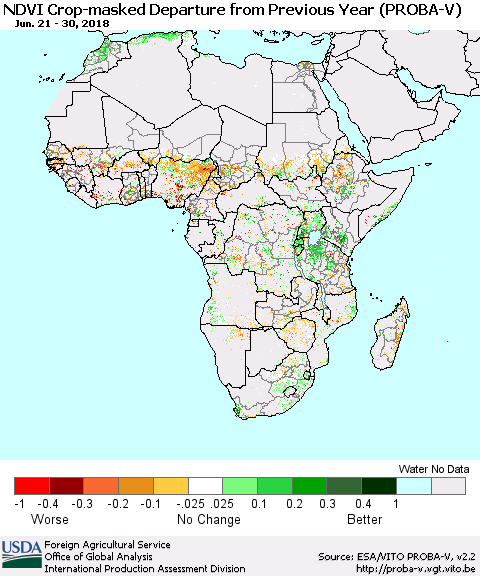 Africa NDVI Crop-masked Departure from Previous Year (PROBA-V) Thematic Map For 6/21/2018 - 6/30/2018