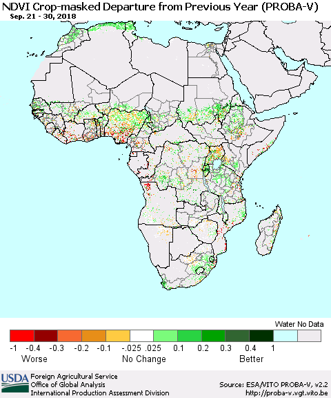 Africa NDVI Crop-masked Departure from Previous Year (PROBA-V) Thematic Map For 9/21/2018 - 9/30/2018