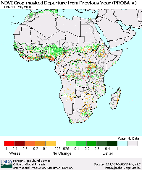 Africa NDVI Crop-masked Departure from Previous Year (PROBA-V) Thematic Map For 10/11/2018 - 10/20/2018