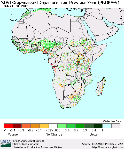 Africa NDVI Crop-masked Departure from Previous Year (PROBA-V) Thematic Map For 10/21/2018 - 10/31/2018