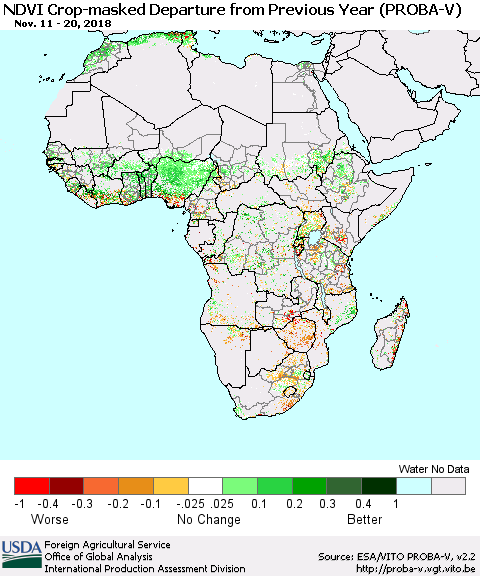 Africa NDVI Crop-masked Departure from Previous Year (PROBA-V) Thematic Map For 11/11/2018 - 11/20/2018