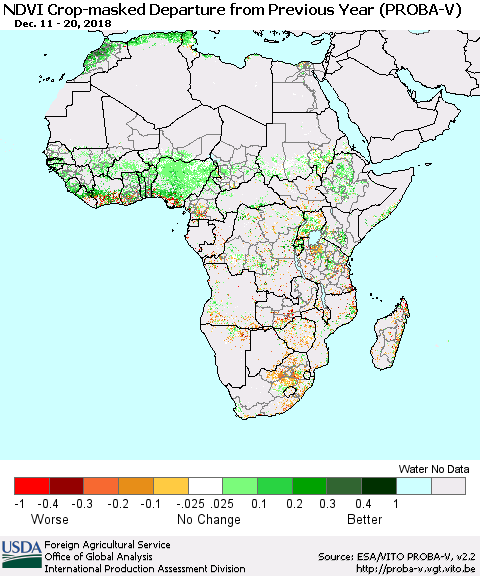 Africa NDVI Crop-masked Departure from Previous Year (PROBA-V) Thematic Map For 12/11/2018 - 12/20/2018