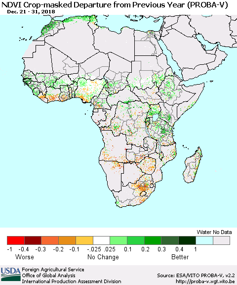 Africa NDVI Crop-masked Departure from Previous Year (PROBA-V) Thematic Map For 12/21/2018 - 12/31/2018