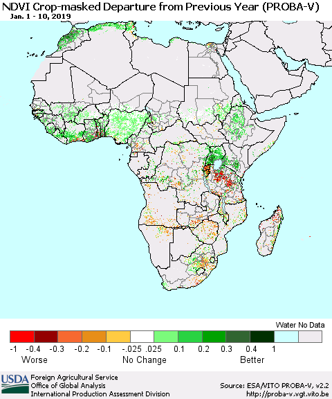 Africa NDVI Crop-masked Departure from Previous Year (PROBA-V) Thematic Map For 1/1/2019 - 1/10/2019