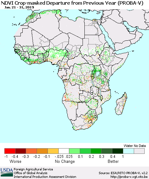 Africa NDVI Crop-masked Departure from Previous Year (PROBA-V) Thematic Map For 1/21/2019 - 1/31/2019
