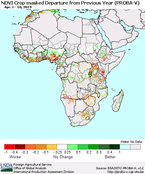 Africa NDVI Crop-masked Departure from Previous Year (PROBA-V) Thematic Map For 4/1/2019 - 4/10/2019
