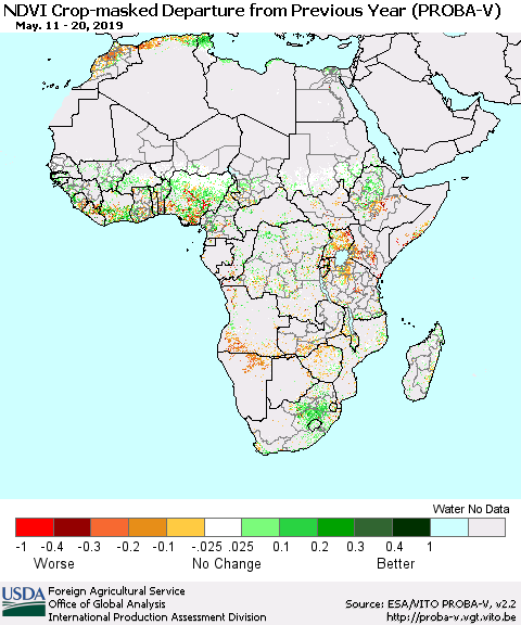 Africa NDVI Crop-masked Departure from Previous Year (PROBA-V) Thematic Map For 5/11/2019 - 5/20/2019