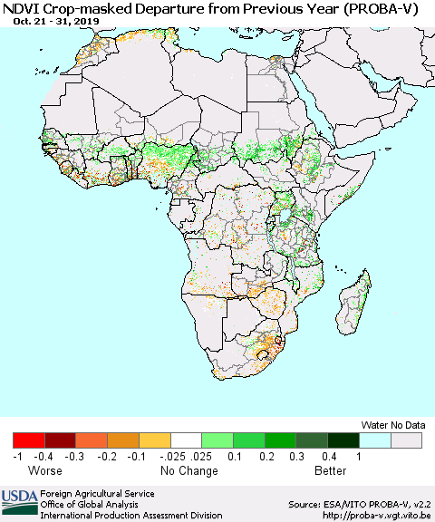 Africa NDVI Crop-masked Departure from Previous Year (PROBA-V) Thematic Map For 10/21/2019 - 10/31/2019