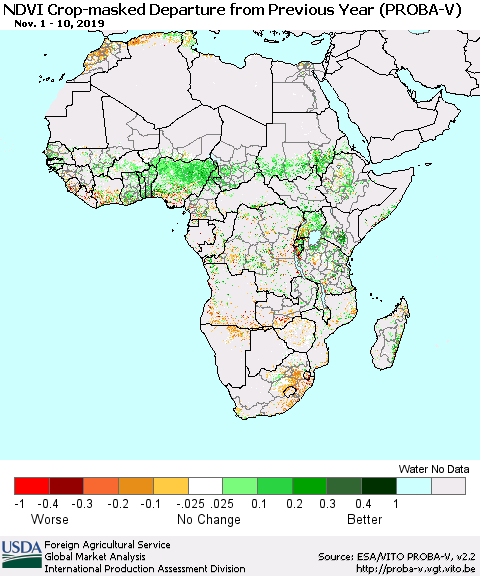 Africa NDVI Crop-masked Departure from Previous Year (PROBA-V) Thematic Map For 11/1/2019 - 11/10/2019