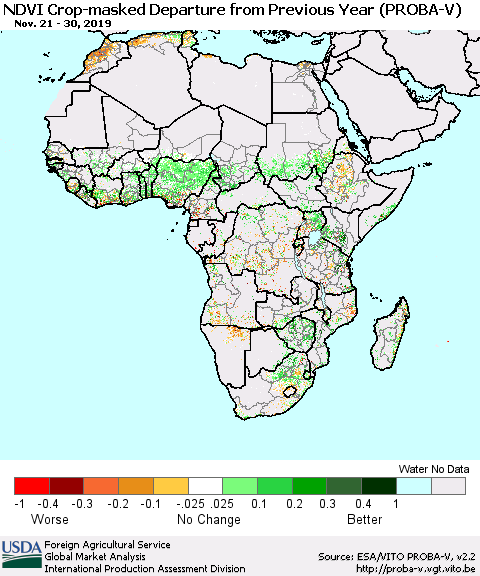 Africa NDVI Crop-masked Departure from Previous Year (PROBA-V) Thematic Map For 11/21/2019 - 11/30/2019
