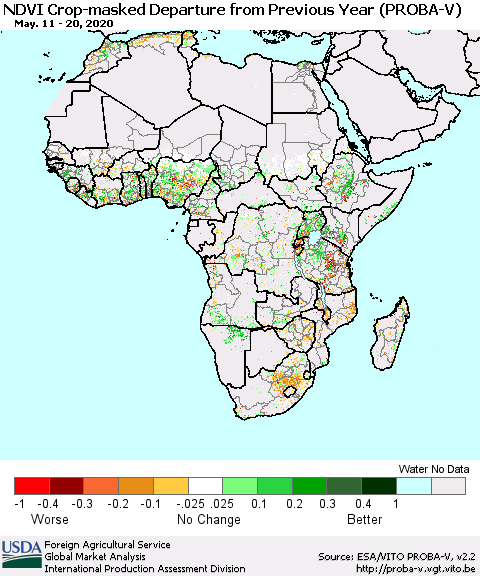 Africa NDVI Crop-masked Departure from Previous Year (PROBA-V) Thematic Map For 5/11/2020 - 5/20/2020