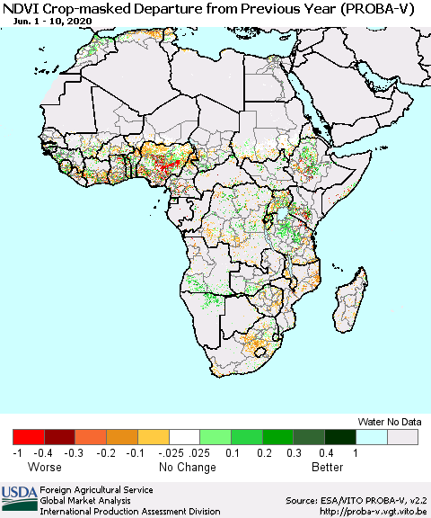Africa NDVI Crop-masked Departure from Previous Year (PROBA-V) Thematic Map For 6/1/2020 - 6/10/2020