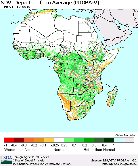 Africa NDVI Departure from Average (PROBA-V) Thematic Map For 3/1/2018 - 3/10/2018