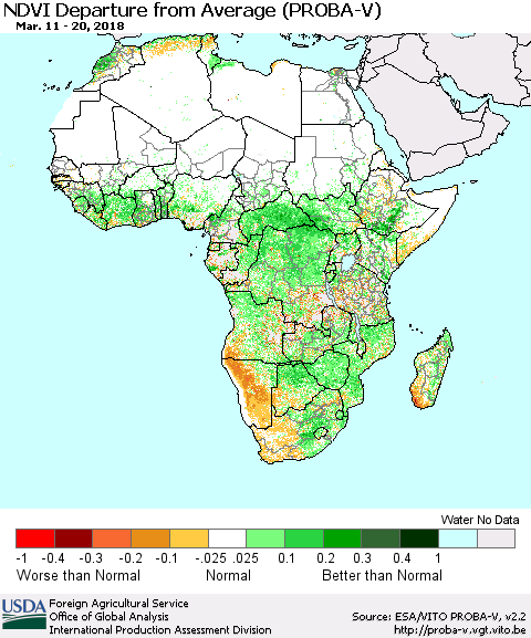 Africa NDVI Departure from Average (PROBA-V) Thematic Map For 3/11/2018 - 3/20/2018