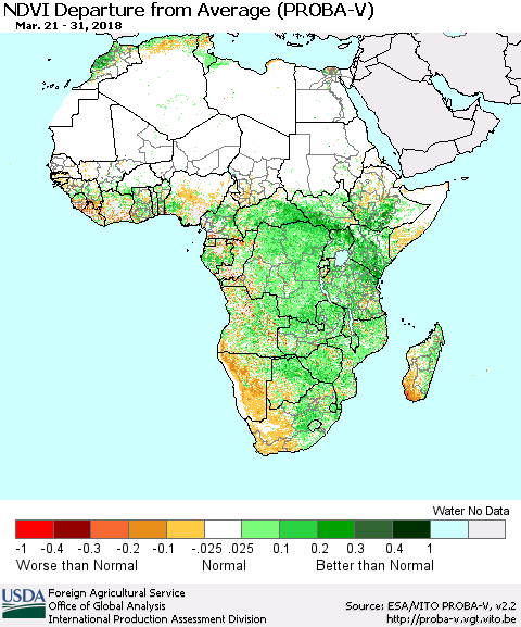 Africa NDVI Departure from Average (PROBA-V) Thematic Map For 3/21/2018 - 3/31/2018