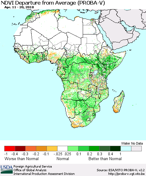 Africa NDVI Departure from Average (PROBA-V) Thematic Map For 4/11/2018 - 4/20/2018