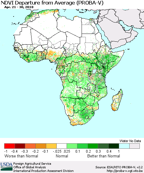 Africa NDVI Departure from Average (PROBA-V) Thematic Map For 4/21/2018 - 4/30/2018