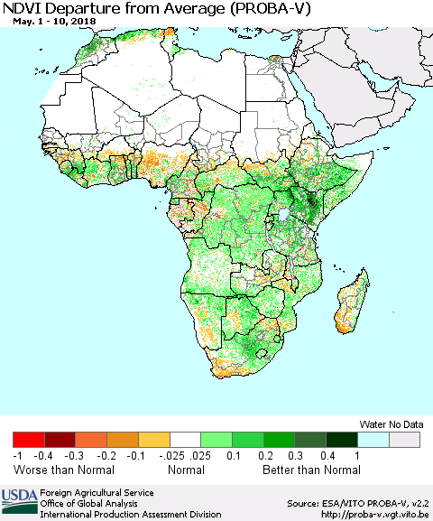 Africa NDVI Departure from Average (PROBA-V) Thematic Map For 5/1/2018 - 5/10/2018