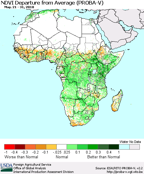 Africa NDVI Departure from Average (PROBA-V) Thematic Map For 5/21/2018 - 5/31/2018