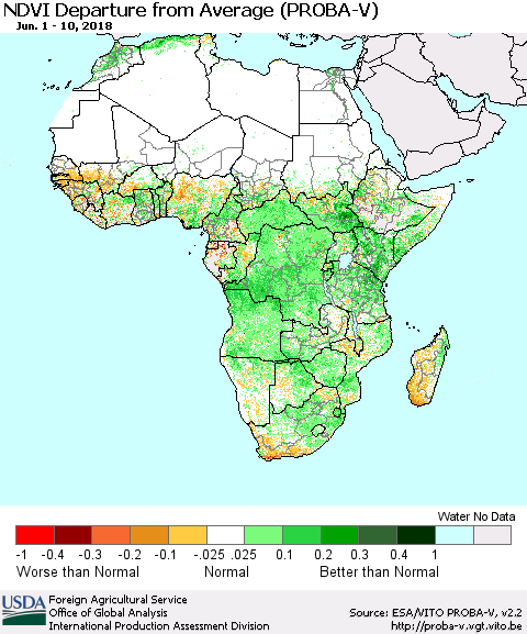 Africa NDVI Departure from Average (PROBA-V) Thematic Map For 6/1/2018 - 6/10/2018