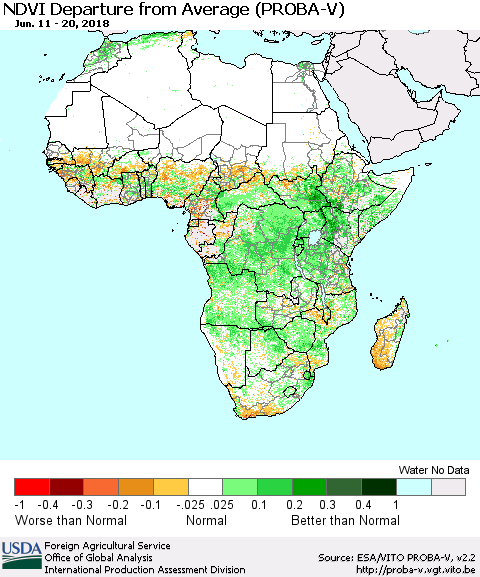 Africa NDVI Departure from Average (PROBA-V) Thematic Map For 6/11/2018 - 6/20/2018