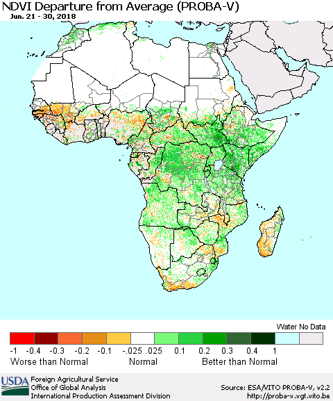 Africa NDVI Departure from Average (PROBA-V) Thematic Map For 6/21/2018 - 6/30/2018